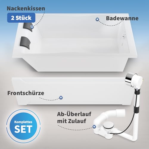 AQUADE Acryl Badewanne 180x120 Modell: Hamburg - Weiß Badewanne Komplettset 180x120 - Badewannen Mit Wannenträger + Schürze + Ab-Überlauf mit Zulauf + Nackenkissen – Bild 4