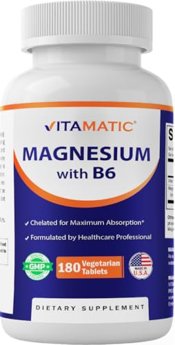 Vitamatic Magnesium with B6-180 Vegetarian Tablets (Uncoated) - Added B6 for Maximum Absorption - Supports Muscle Joint and Heart Health