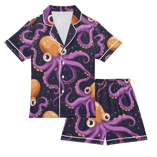 ALAZA Orange Kraken Pajamas Satin Pajama Set Short Sleeve Button Down Sleepwear
