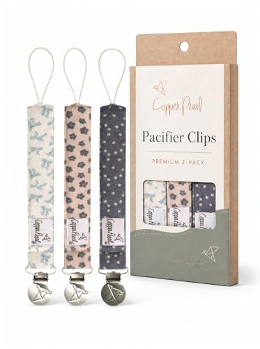 Image of Copper Pearl 3-Pack Pacifier Holders: Premium Knit Binky Clips for Baby Girls and Boys - Stylish Stainless Steel Design for Secure No-Drop Attachment - Gemma in Tan