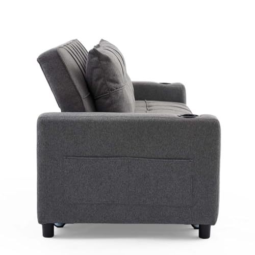 More4Homes HUDSON 3-SEATER SOFA BED LINEN FABRIC WITH CUP HOLDERS GREY - Image 6