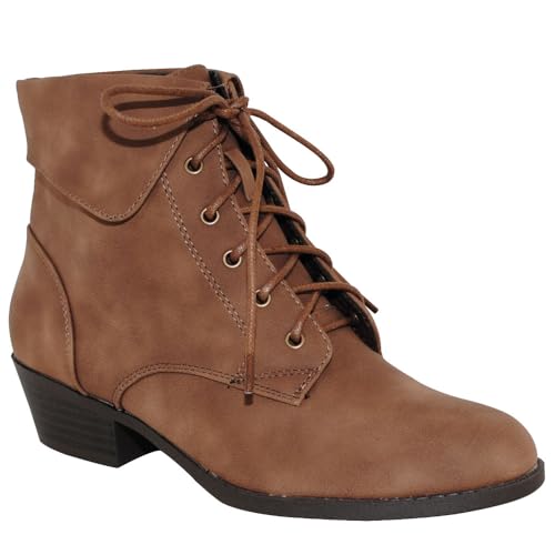 TOP Moda EC89 Women's Foldover Lace Up Low Chunky Heel