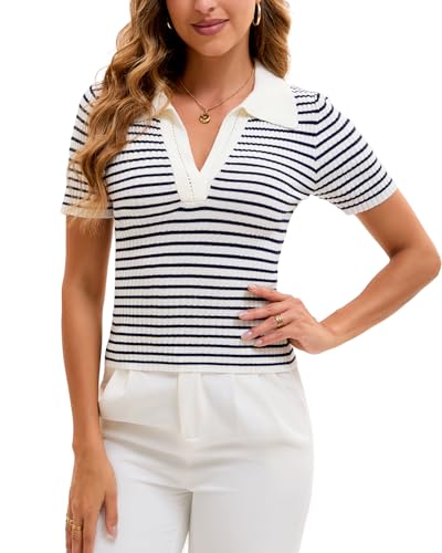 Cioatin Women Short Sleeve Striped Knit Polo Crop Shirt Tops Vintage Collar V Neck Slim Fit T-Shirt Aesthetic Going Out3