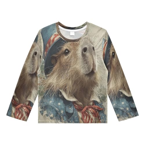 Patriotic Capybara Boys Rash Guard Long Sleeve UPF 50+ Boys Swim Shirt Quick Dry Shirt for 3-12 Years
