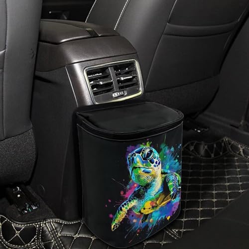 Image of Talayituse Turtle Paint Splatter Print Car Trash Can with Adjustable Straps, Foldable Car Trash Bag Bin Car Garbage Bag Multipurpose Storage Box for Vehicle Travel Camping Picnicing