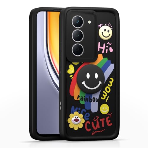 Image of Pikkme Back Cover for Realme Narzo 80x 5G / Realme P3x 5G / Realme 14X 5G | Soft Silicone| Cute Rainbow Smile & 3D Cartoon Flower Design | Shockproof Raised Camera Protection Bumper Case (Black)