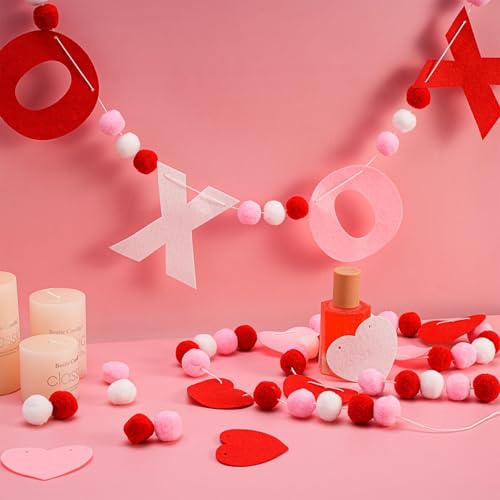 Image of 4 Pcs Valentine's Day Heart Felt Banner Pink XOXO Felt Banner Valentines White Pom Pom Ball Garland Valentine's Day Heart Pompom Hanging Banner Hanging Garland for Home Party Favors