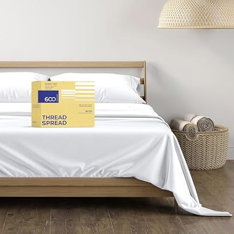 THREAD SPREAD 100% Egyptian Cotton Sheets Queen Size - 600 Thread Count Sheet Set Queen, 4 PC White Luxury Sheets Queen Size, Extra Soft, Cooling Sateen Weave Deep Pocket Sheet, Fits Mattress upto 18" Cover