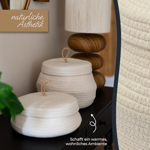 HMF Aufbewahrungskorb Badezimmer rund, Korb mit Deckel aus Baumwolle | Flach | 25,5 x 11,5 cm | Creme