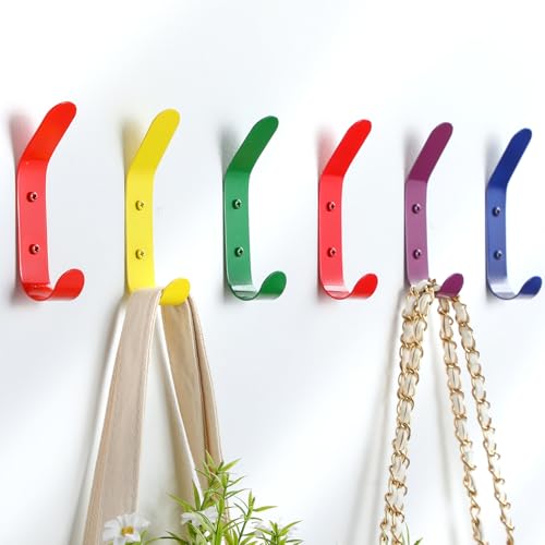 Leinuosen 6 Pack Cute Kids Coat Wall Hooks Colored Double Hook Steel Wall Rack Decorative Nordic Style Coat Utility for Keys Hat Nursery Bedroom and Bathroom (Rainbow)