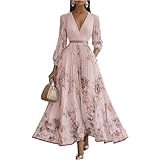 Vestido Mujer Casual Manga Larga - Moda Mujer Estampado Cuello En V, Vestidos Largo Glamour Exquisito - Dresses for Women Único Adecuado para Primavera Rosa L