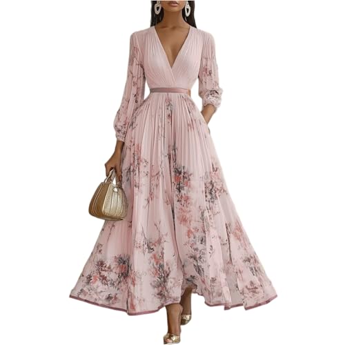 Statement Holiday Dress Women Spring Wedding Guest Dresses Elegant Classy Long Sleeve Vneck Garden Party Formal Cocktail Dress Faldas De Mujer Elegantes Empire Waist Fall Bridesmaid Dresses b Pink,M