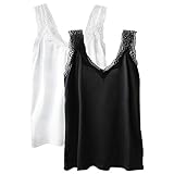 Wantschun Womens Satin Silk Camisole Lace Straps Tank Top Cami V-Neck Pack of 2: Black+White;X-Large
