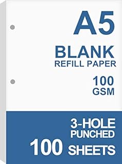 A5 Filler Paper, 3 Hole Planner Refills, Organizer, Loose-leaf Binder Paper, Total 100 Sheets/200 Pages, 100gsm, Blank, White Paper, 5.8 x 8.2 Inch