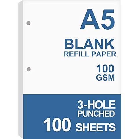 A5 Filler Paper, 3 Hole Planner Refills, Organizer, Binders, Total 100 Sheets/200 Pages, 100gsm, Blank, White Paper, 5.8 x 8.2 Inch, 3 Hole Filler Paper, Mini Binder Refills, Fit 3 Hole Binder Only Cover