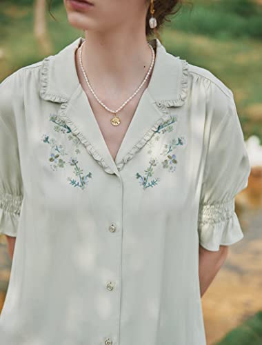 Simple Retro Women Floral Embroidered Frilled Collar Shirred Flounced Half Puff Sleeves Blouse Mint Green S #TOP2