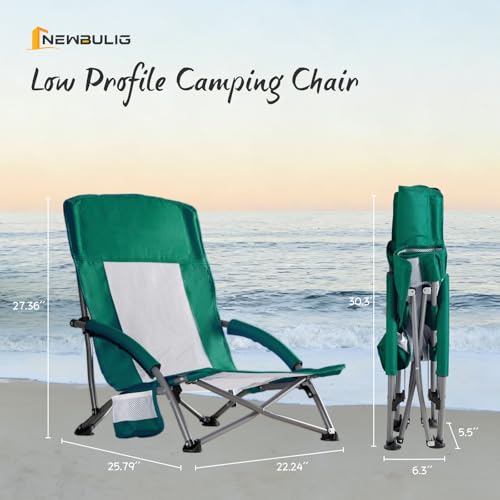 NEWBULIG Folding Camping Beach Chair for Adults, Low Profile Lawn Chair with Cup Holders & Carry Bag, Extra Wide Seat and High Back, Portable for Beach, Outdoors, Travel & Concerts, Green — view 2