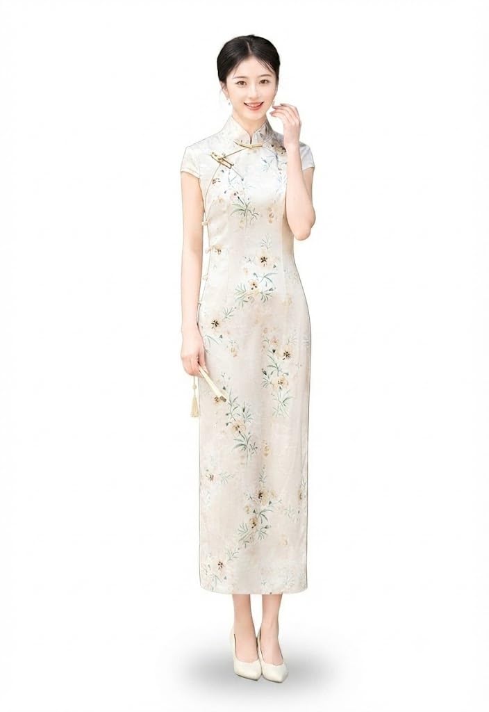 purpleq Vestido Cheongsam Tradicional Chino Vintage Floral Ajustado Manga Corta Cuello Mandarín Elegante Qipao Largo para Fiestas y Bodas