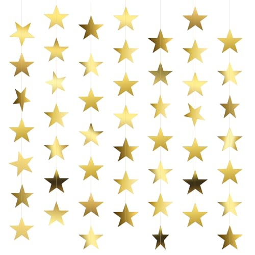Image of Star Garland, Gold Star Garland Banner, 10PCS 132 Feet Double Side Star Hanging Bunting Banner Backdrop Little Star Paper Hanging Decor for Birthday Wedding Christmas Graduation Party Decorations