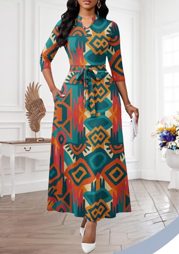 Image of BubFee Maxi Dresses for Women Semi Formal Long Dress 3 /4 Sleeve Casual A-line Church Dresses with Pockets