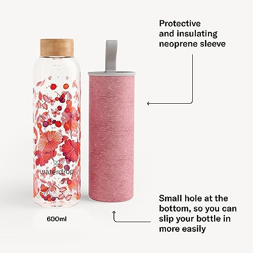 waterdrop® Glass Water Bottle 600ml, Water Flask with Bamboo Lid & Sleeve, Reusable Borosilicate Glass Flask, Leakproof - Image 3