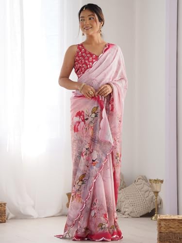 Image of Panzora Women's Chinon Printed Saree With Unstitched Blouse Piece