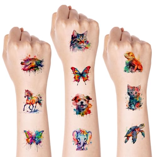 10 folhas conjunto de tatuagens temporárias animais para crianças com pinças, 60 estilos de animais aguarela tatuagens impermeáveis e seguros, fácil de aplicar em braços mãos cara para festas e