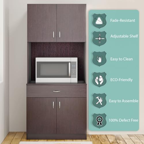 Image of VIKI Furniture | Kitchen Cabinet - Drawer with Doors & Open Shelves, Organizer for Kitchen, Bedroom, Hallway & Living Room (Dark Wenge - 40D x 80W x 180H cm) | 1 Year Warranty