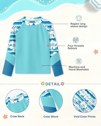 BesserBay Kid Girl's Uv Protection Rashguard Top Tropical Flower Light Blue Long Sleeve Swimming Shirt 7-8 Years3
