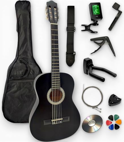 AMBRE - Pack Guitare Classique 4/4 Droitier + 10 Accessoires + CD & Cours Vidéo – Cordes Nylon, Livrée Accordée – Prime 24h (Noir, 4/4, Droitier)