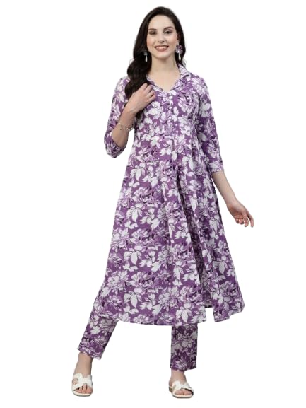 Skyasia Women's Floral Printed A Line Kurta with Pant Set | Effortless Elegance and Comfort for Every Occasion (in, Alpha, M, Purple)