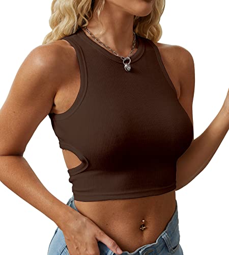 Dwnval Womens Summer Halter Tops Cutout Sleeveless Crewneck Racerback Ribbed Knitted Crop Tank Top(Brown,S)