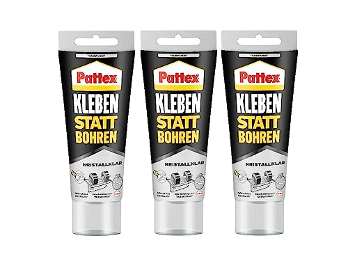 Pattex Kleben statt Bohren Kristallklar, Montagekleber für kristallklare Verklebungen, Baukleber für alle Materialien, Universalkleber für innen & außen, 3x90g