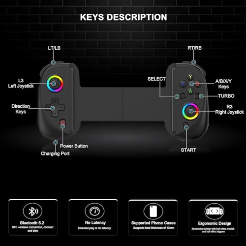 Image of BSP D8 Mobile Wireless Gaming Controller Gamepad for iPad /Tablet[Within 5-10 inch] with RGB Hall Effect Joystick /Turbo /6-Axis Gyro /Vibration /Support Streaming /Cloud Gaming for iPhone /Android /PC /Switch /PS4