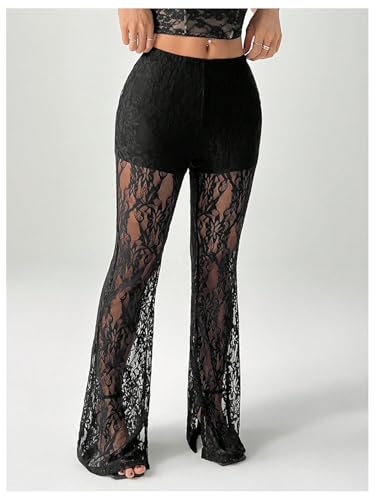 GORGLITTER Women's Plus Size Floral Lace Sheer Rave Pants Sexy High Waisted Mesh Flare Pants4