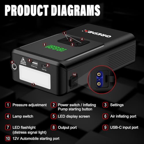 GREPRO 5-in-1 Jump Starter Power Pack, 3000A Car Jump Starter with Air Compressor for 12V Vehicle, Jump Pack and Jump Starter with Digital Display and LED Flashlight (Up to 10.0L Gas,8.0L Diesel) - Image 5
