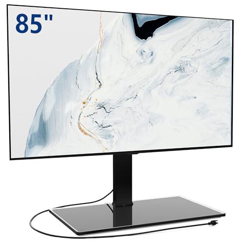 Image of FITUEYES Universal TV Stand with Power Outlets for 50-85 inch TVs, Swivel&Height Adjustable Tall TV Stand for Bedroom Living Room, 27.5''Large Tempered Glass Base Holds up to 110 lbs.
