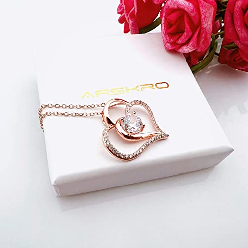 Arskro Rose Gold Heart Pendant Necklace For Women, 14K Love Cubic Zirconia Birthstone Necklace Adjustable Valentines Birthday Mother’s Day Anniversary Jewelry Gift For Women Mom Wife Girlfriend #TOP6