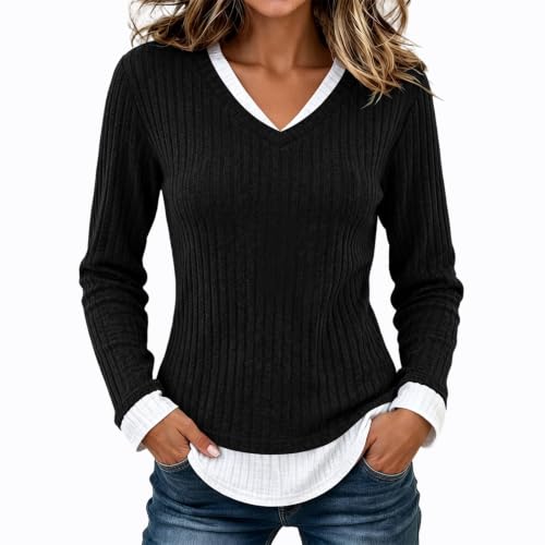 Womens Long Sleeve Shirts V Neck Ribbed Faux Layered 2 in 1 Tops Black