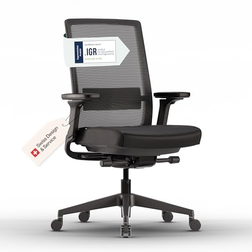 OFINTO Active Bürostuhl Mattschwarz TESTSIEGER | Ergonomischer Schreibtischstuhl mit Sitzkippfunktion & adaptiver Lordosenstütze | Vollständig anpassbarer Office Chair für top Sitzposition | Drehstuhl
