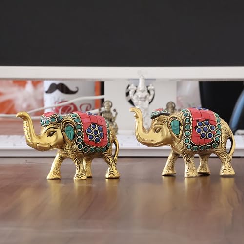 Image of KridayKraft Metal Elephant with Stone Work Showpiece for Home /Office & Table Decor (Set of 2 Pieces, Multicolor, Small)