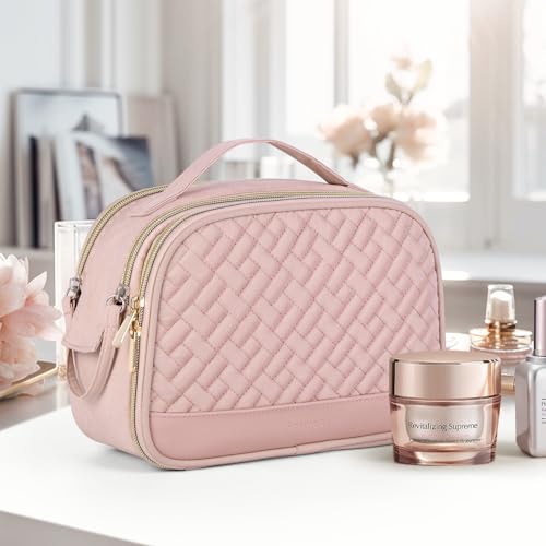 Soimeat Travel Makeup Bag with Separate Makeup Brush Area, Portable Waterproof Toiletry Bag, Multifunctional Cosmetic Bag, Handle and Divider Flat Lay Makeup Organizer Bag, Pink