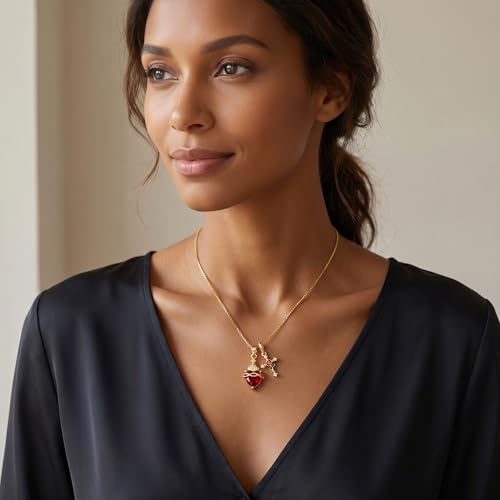 LisiZen 14K Gold Plated Sacred Heart Necklace for Women, Cross Pendant Necklace with Red Heart Charm, Faith Religious Jewelry — view 4
