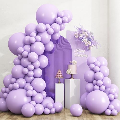 Image of RUBFAC 135pcs Pastel Purple Lavender Balloons Different Sizes 18 12 10 5 Inch for Garland Arch, Latex Light Purple Balloon for Birthday Party Baby Shower Gender Reveal Wedding Decorations