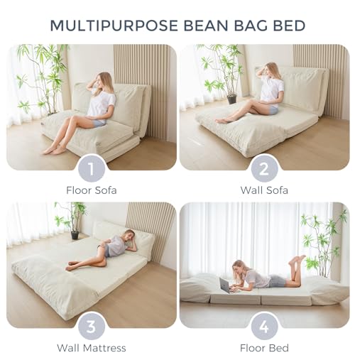 Image of MAXYOYO Folding Sofa Bed, Floor Sofa Convertible Chair with Washable Cover, Floor Couch Lounge Bean Bag Chair Bed for Living Room, Beige, 30x91 Inch