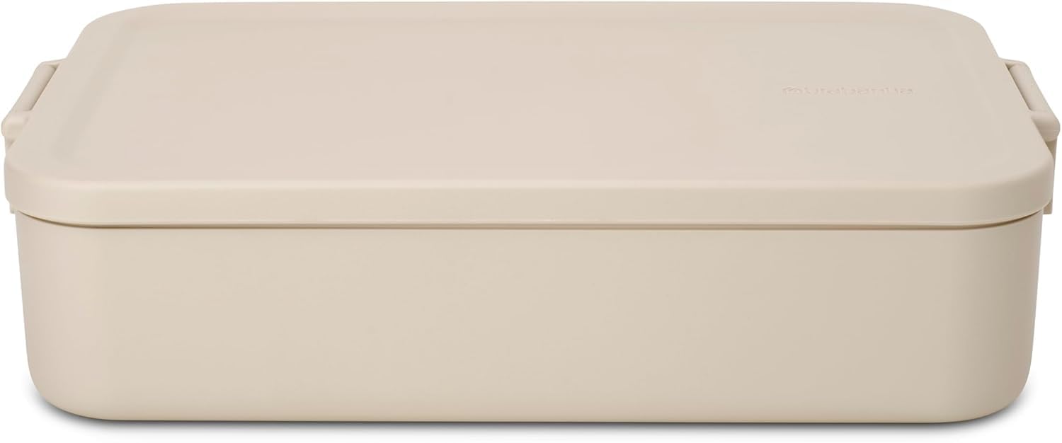 Brabantia Make & Take Lunch Box Bento (2L), Removable Compartments for Food Separation, Plastic Food Container Lid with Clips, Bento Box, Dishwasher & Microwave Safe, Soft Beige, 25.5 x 16.7 x 6.2 cm