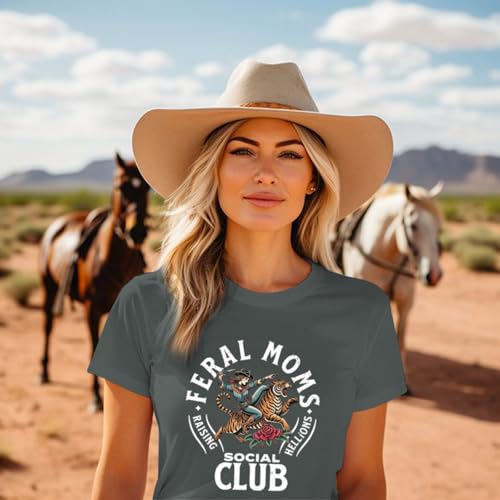 Image of Mama Shirts for Women Cool Feral Moms Social Club T-Shirt Vintage Western Graphic Shirt Funny Mothers Day Tee Tops