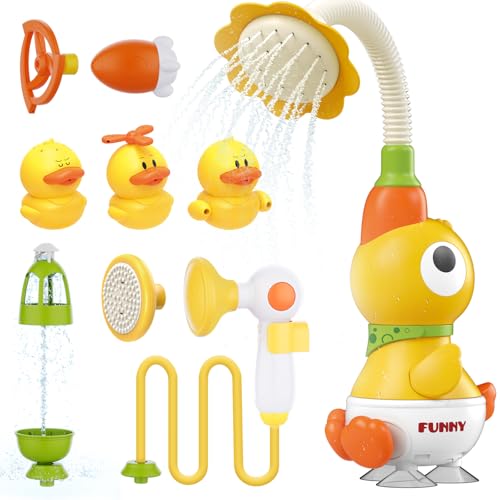 Toddler Bath Toys for Kids Ages 1-3, Baby Bath Shower Head for Bathtub Control The Fow Rinser with Adjustable Sprayer 3 Squirting Ducks and 4 Sprayer for Newborn Babies Baby Shower