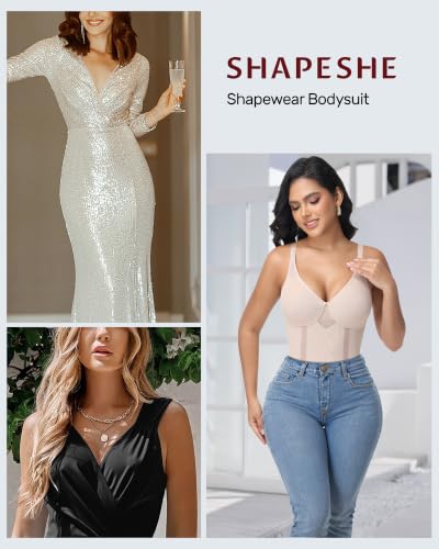 Image of SHAPESHE Women Shapewear Bodysuit Tummy Control Mesh Slimming Body Shaper