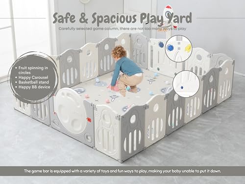 Image of 39 Sq Ft Extra Large Baby Playpen | Space-Themed 16-Panel Play Yard with Soft Mat, Basketball Hoop & Ball Pit Area | Indoor /Outdoor Toddler Fence | Grey-White | ISO & CE Certified